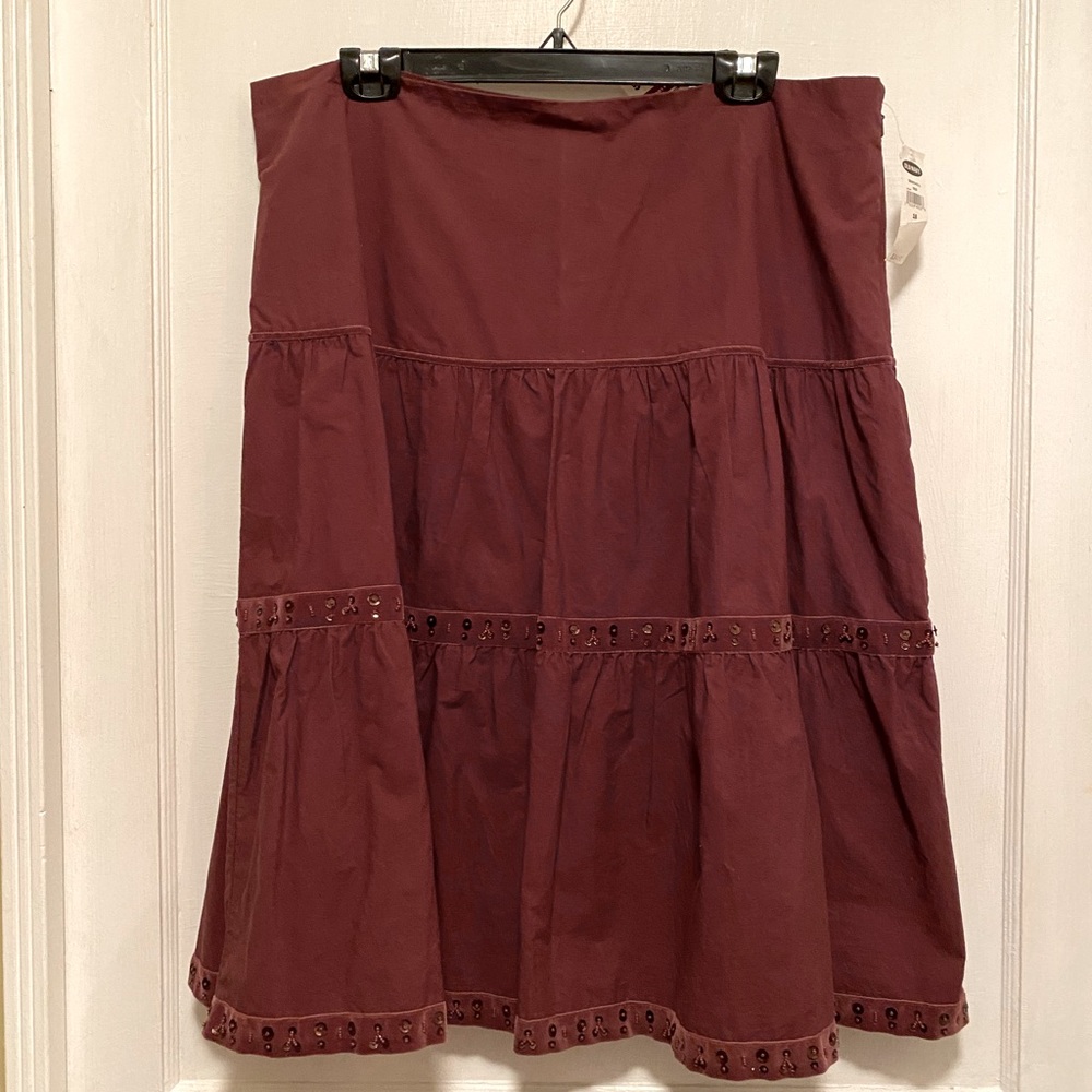 Rust Midi Length Tiered Skirt with Velvet/Beads/Sequin Trim